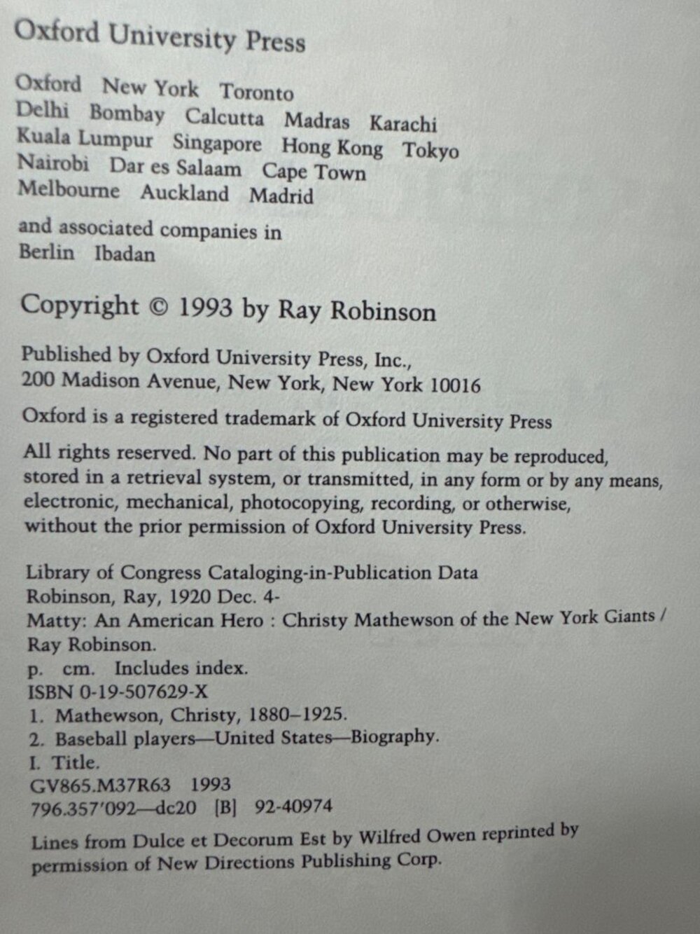 CHRISTY MATHEWSON Matty American Hero 1993 Ray Robinson NEW YORK GIANTS Oxford - Picture 3 of 16